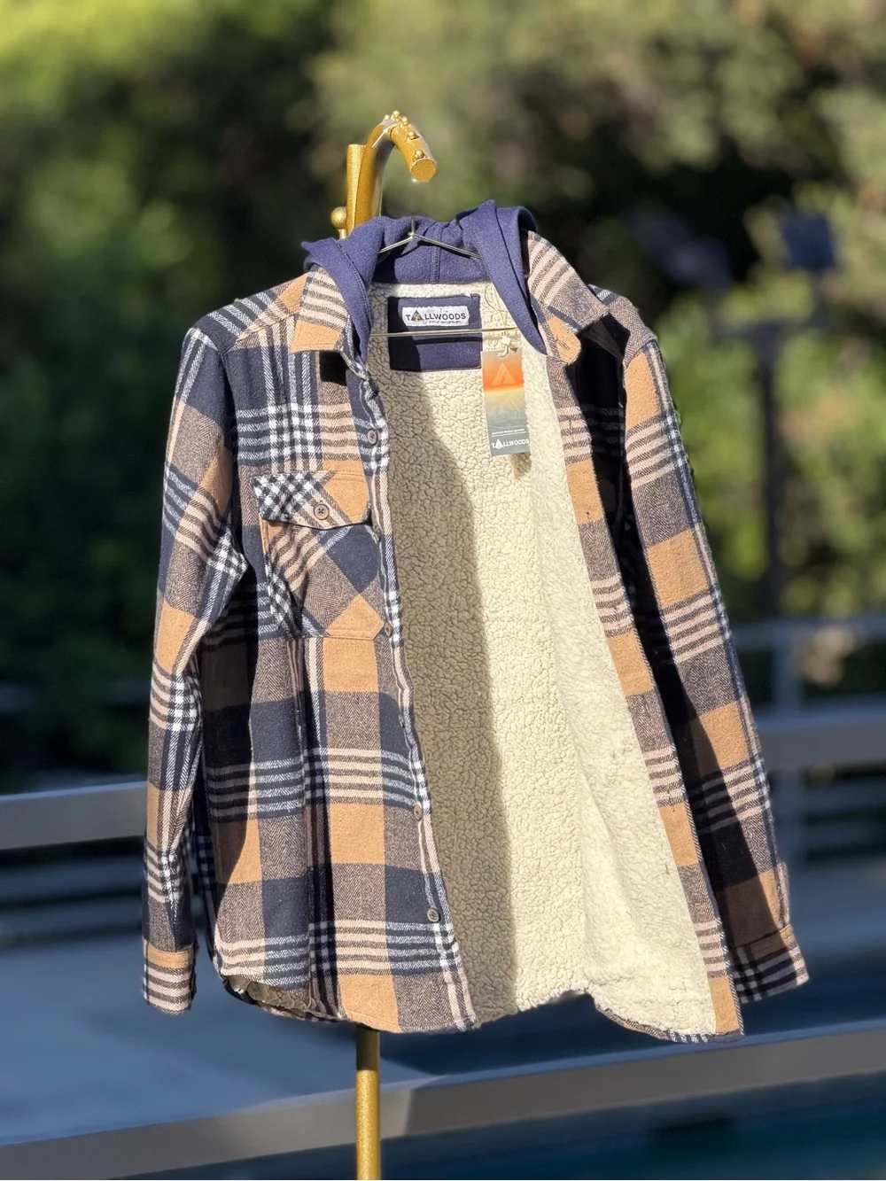 Plaid Button-Up Shacket with Attached Hood - Tan & Navy
